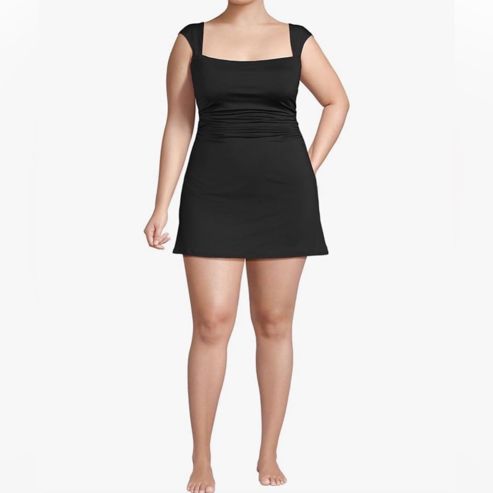 Lands’ End Chlorine-Resistant Square Neck Ruched Swim Dress One-Piece